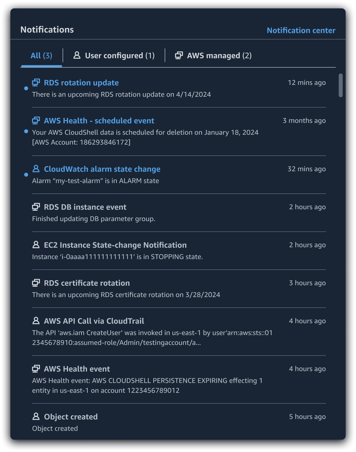 Notifications navigation widget